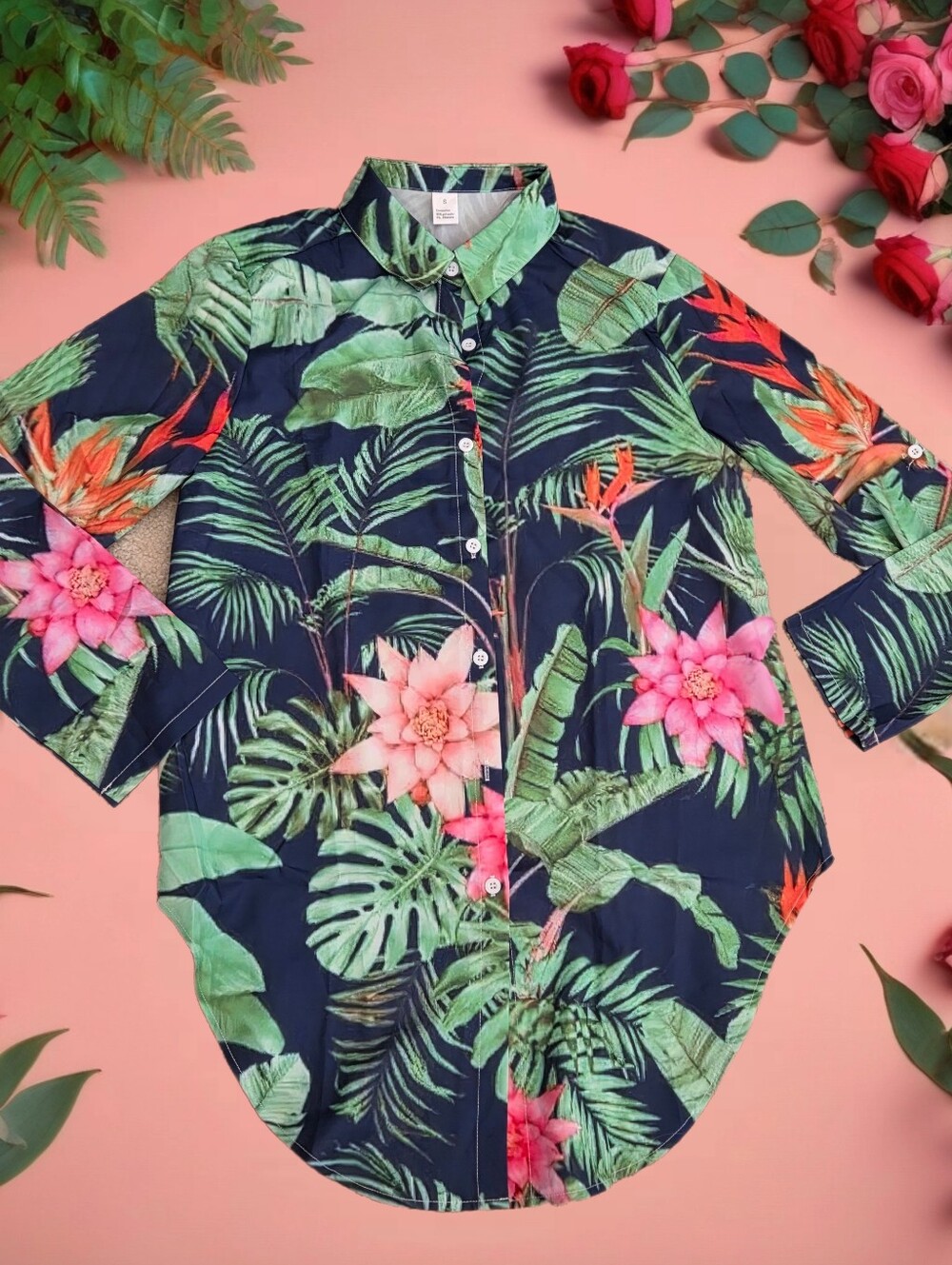 Hawaiian Button-Front Tropical Floral Shirt dress woman Small